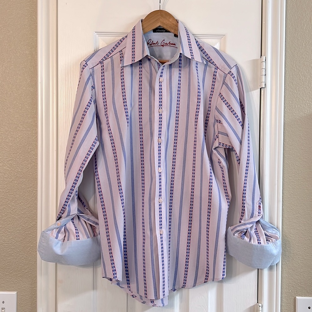 Robert Graham Mens Button Down Shirt Lavender with Blue and red Design Pattern M